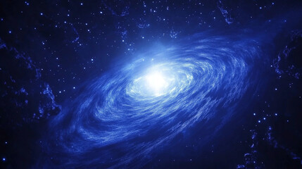 Cosmic spiral galaxy with radiant blue and purple hues, swirling gaseous clouds illuminated by distant stars, a breathtaking deep-space astrophotography composition