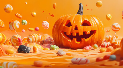 Halloween decoration with a carved pumpkin and assorted candies on an orange background, perfect for festive and seasonal themes. Narrative Sequences. Illustration