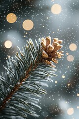Snowy pine branch with golden pinecone and festive glowing bokeh lights