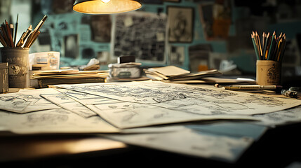Scattered papers and pencils cover a desk, where a storyboard with hand-drawn scenes and notes breathes life into the film's narrative. Narrative Sequences. Illustration