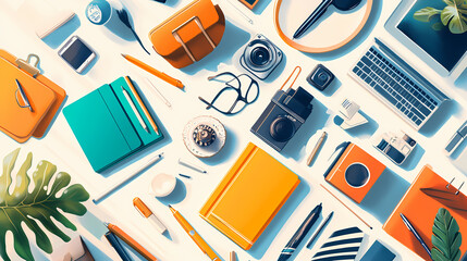 Table with assorted objects that define a brand s identity, objects tell a story of values and purpose, brand identity objects. Narrative Sequences. Illustration