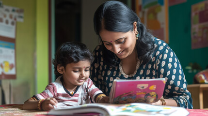 Indian mother reading educational book with young child during homeschool learning session