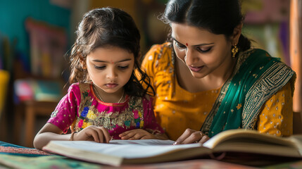 Homeschooling Indian mother guiding daughter while reading, sharing educational moment in comfortable home learning setting