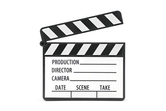 Classic Black and White Movie Filmmaking Open Clapperboard or Slate Ready for Action - Isolated on White Background