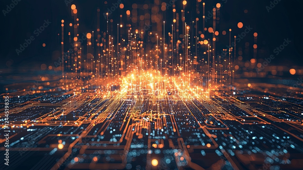 Poster abstract visualization of glowing data streams and circuitry, representing digital technology and co
