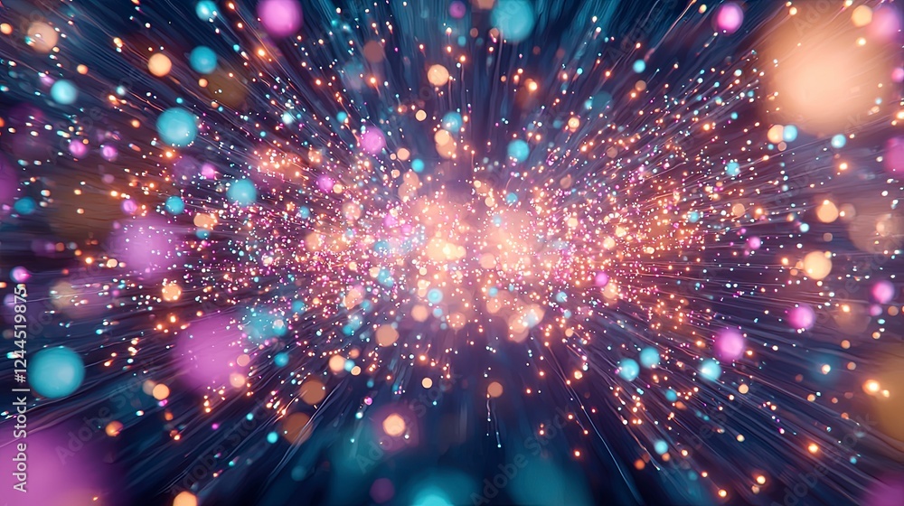 Poster a vibrant burst of colorful lights and particles creating a dynamic, abstract background filled with