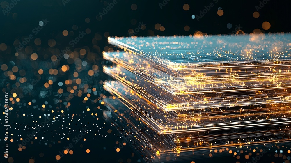Poster digital abstract image featuring stacked layers illuminated by glowing particles against a dark back