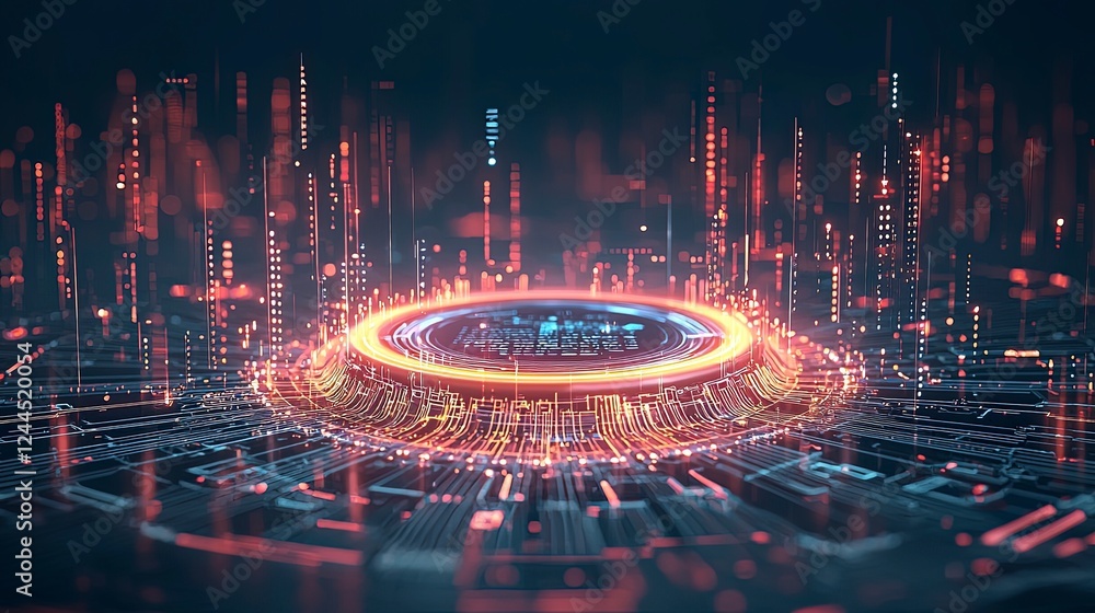 Poster futuristic digital landscape with vibrant colors, featuring a circular glow and abstract data patter