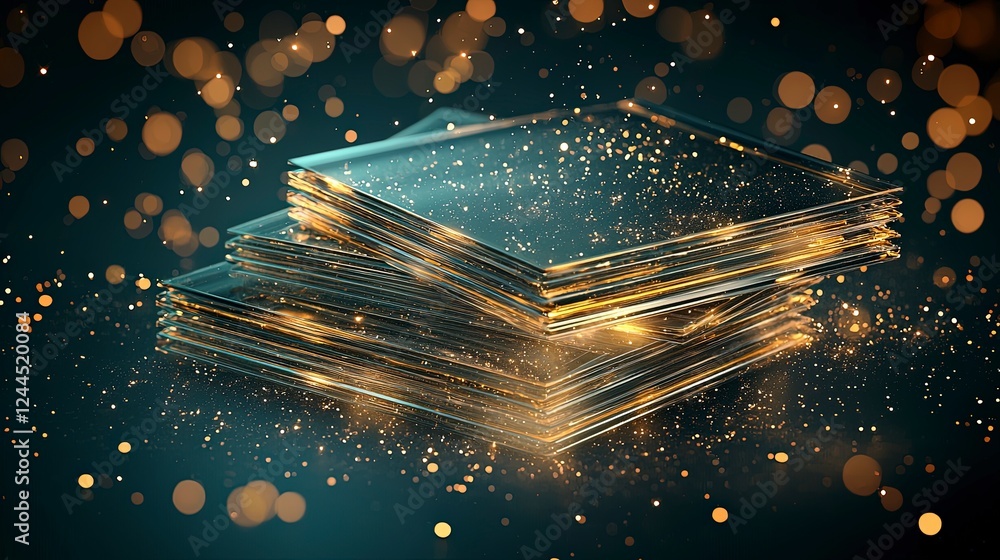 Poster stacks of shimmering glass plates with a background of golden bokeh lights, creating a magical and f