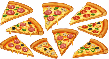 Eight slices of pizza with diverse toppings arranged in a circle