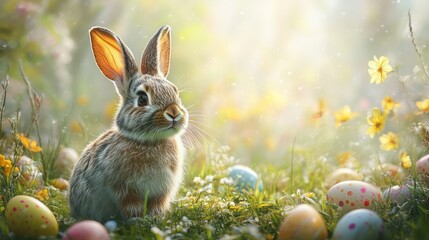 A spring bunny with large floppy ears hopping in a meadow filled with colorful eggs 