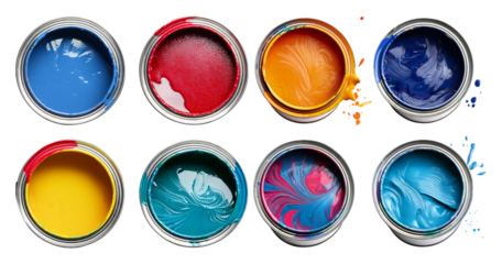 Colorful Paint Cans Displayed in a Creative Arrangement, isolated on transparent background