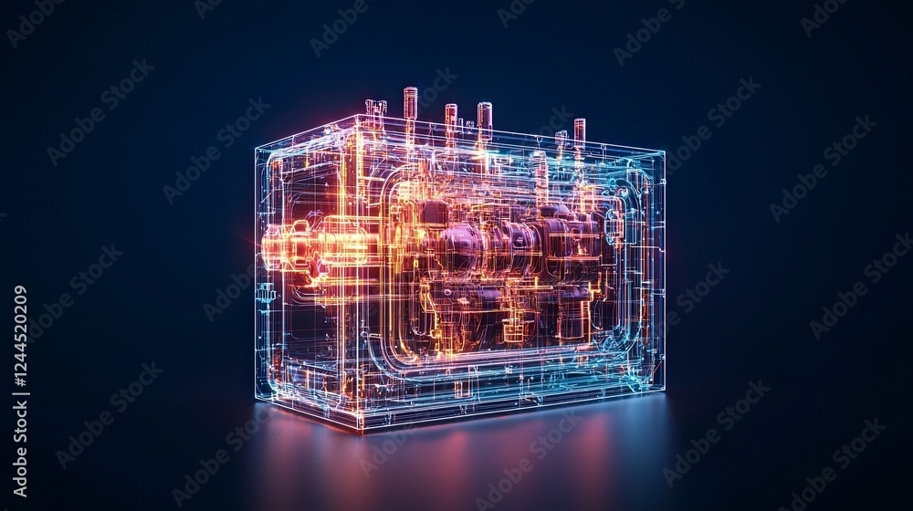 Poster futuristic digital representation of a power generator with glowing lines and a dark background, sym