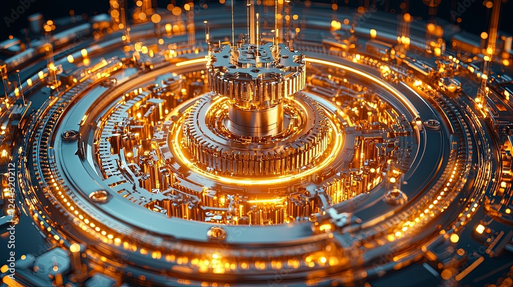 Poster futuristic abstract design featuring intricate golden circuitry with a glowing effect on a dark back
