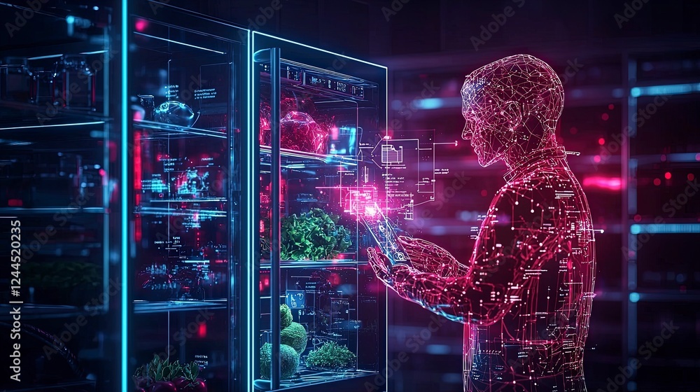 Poster a futuristic figure interacts with a holographic display in front of a high-tech shelving unit fille