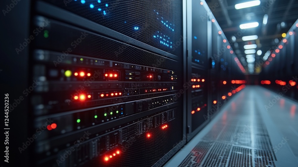 Aufkleber close-up view of illuminated server racks in a data center, showcasing technology in action (9)