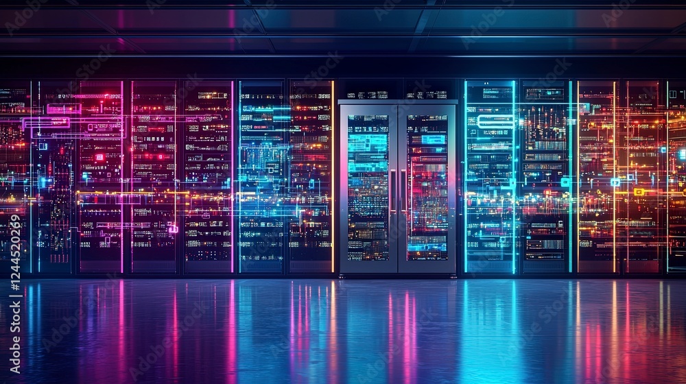 Poster futuristic server room with vibrant neon lights illuminating rows of servers and glowing interfaces,