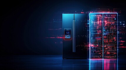 Futuristic refrigerator with digital effects, illuminated by neon lights, set against a dark background, conveying advanced technology.