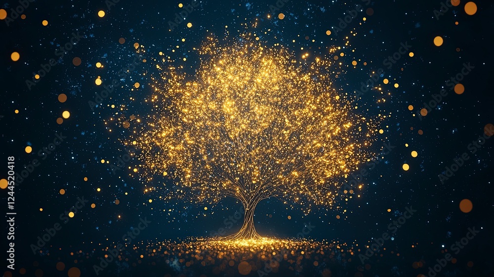 Poster illuminated golden tree with sparkling lights against a dark background, creating a magical and ethe