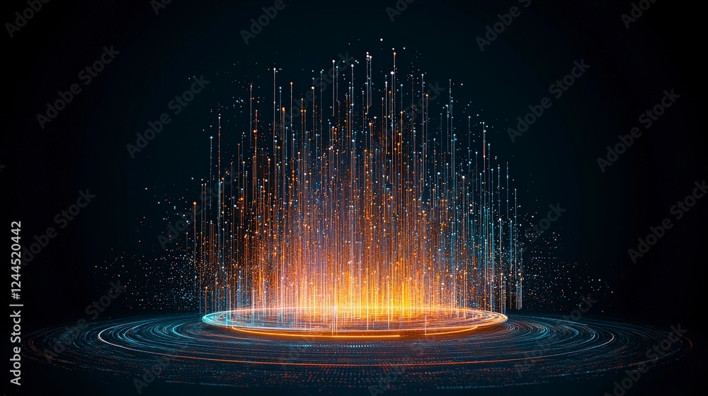 Poster dynamic abstract visualization of glowing lines and particles emanating from a circular base, creati