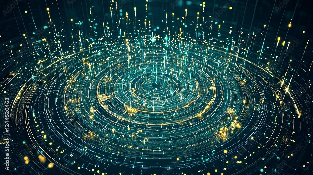 Poster abstract visual of glowing particles and waves creating a mesmerizing, dynamic pattern in a dark bac