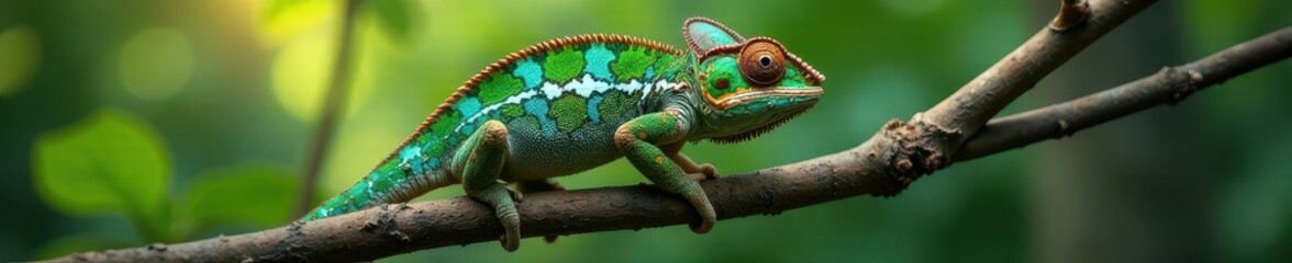 Obraz premium Veiled chameleon clinging to thin tree branch, vegetation, chameleon, climbing
