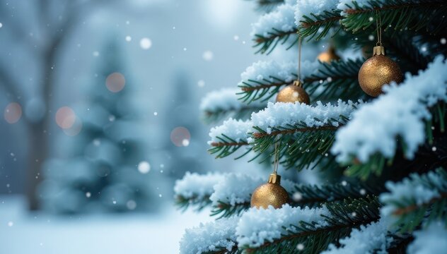 snowflakes gently fall on a densely packed Christmas tree, branches, frosty, white