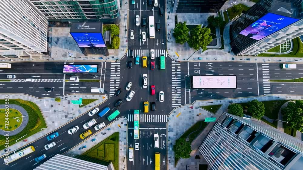 Aufkleber smart city intersection revealing dynamic traffic flow, modern urban landscape with digital billboar