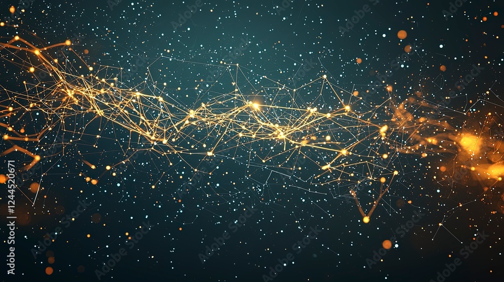 Poster abstract digital art featuring luminous golden particles and light trails against a dark background,