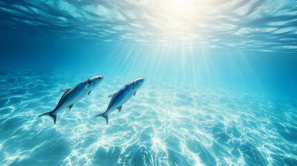 Fototapeta premium Ocean Ballet: Mackerel in Motion Through Sunlit Waters