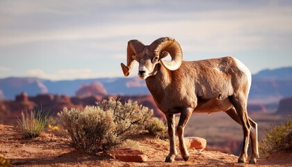 Naklejka premium Majestic Desert Bighorn Ram in the Red Rock Canyon, Showcasing the Agility and Power of Natures Mountain Kings amidst a Backdrop of Rusty Sunrise Hues