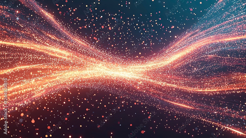 Poster abstract glowing waves with particles on a dark background, creating a dynamic and vibrant visual ef