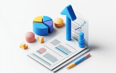 3D Business Analysis Icons with Graphs and Arrow in Blue and Yellow