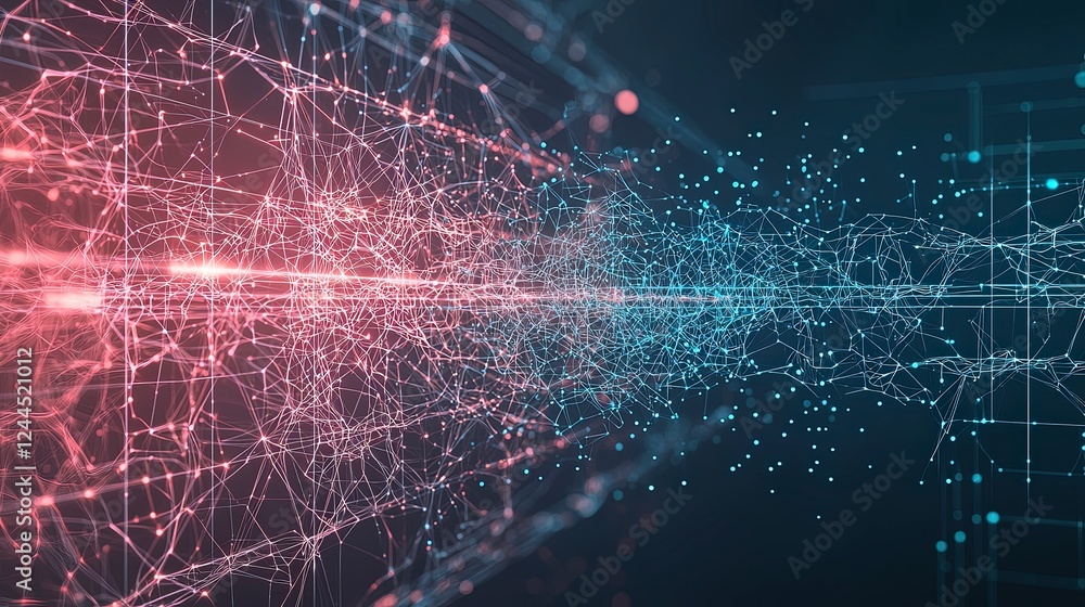 Poster abstract digital visualization of glowing particles in red and blue, creating a dynamic flow across 