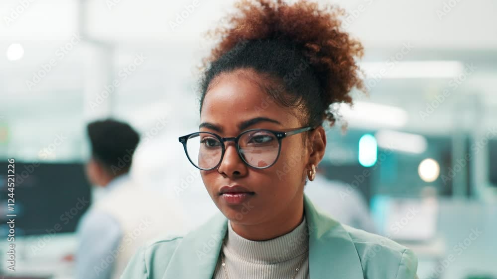 Poster Programmer, face and woman on technology for research, project and cybersecurity update in office. Glasses, coding and developer with computer for web development, programming and building software