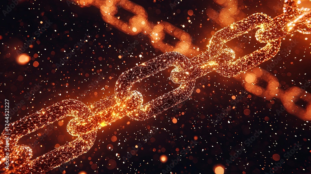 Poster glowing chain links with shimmering particles against a dark background, symbolizing strength and co