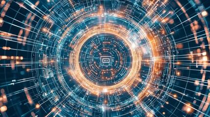 Fototapeta premium Abstract digital vortex with glowing lights and data patterns, conveying technology and innovation in a futuristic environment.