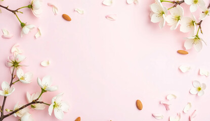 Naklejka premium Spring floral background, texture, wallpaper. Flat-lay of white almond blossom flowers and petals over pink background