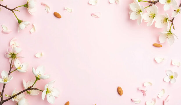 Fototapeta Spring floral background, texture, wallpaper. Flat-lay of white almond blossom flowers and petals over pink background