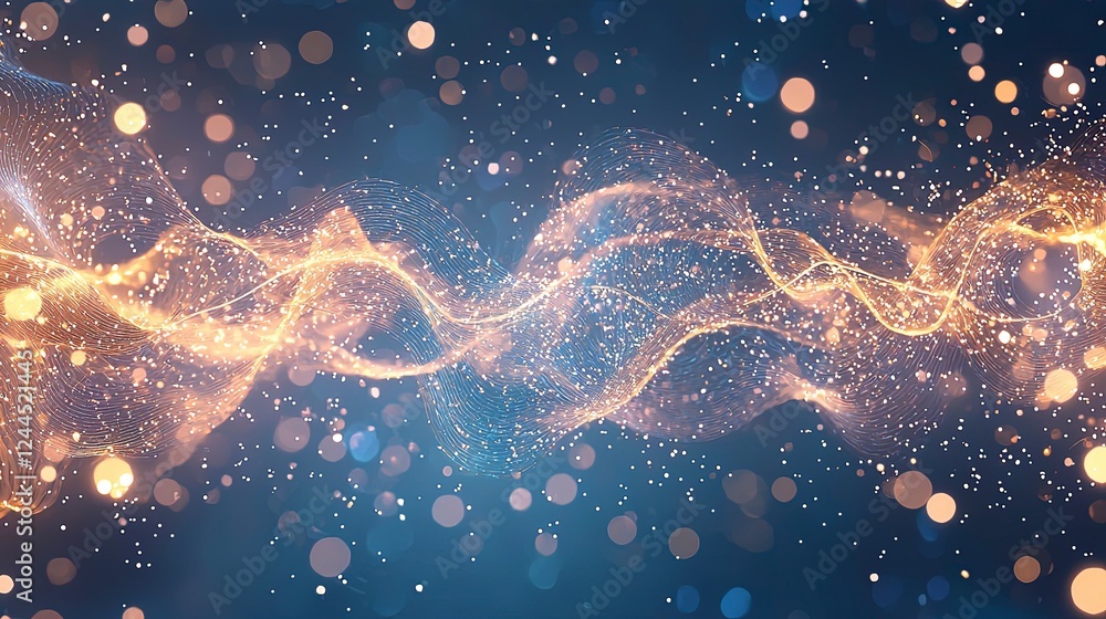Poster abstract wave design with glowing particles and a blue background, creating a vibrant and dynamic vi