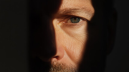 close up of man eye partially obscured by shadow, creating dramatic effect