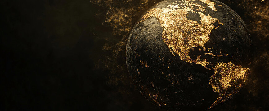 Abstract digital world map of North America with glowing golden details, fiery energy, and smoke, symbolizing global connection, technology, and innovation.