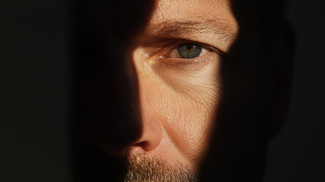 close up of man eye partially obscured by shadow, creating dramatic effect