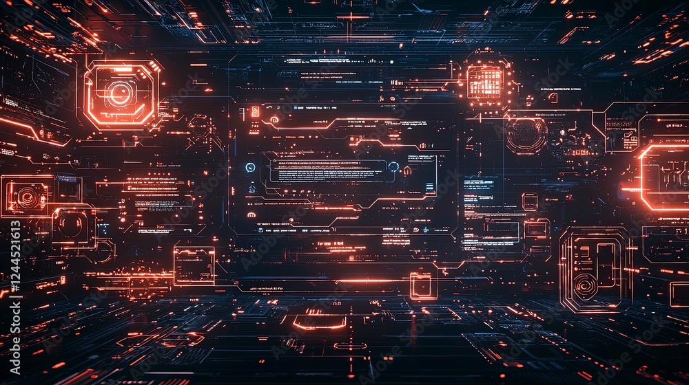 Aufkleber futuristic digital landscape with glowing neon circuits and data streams in a dark environment.