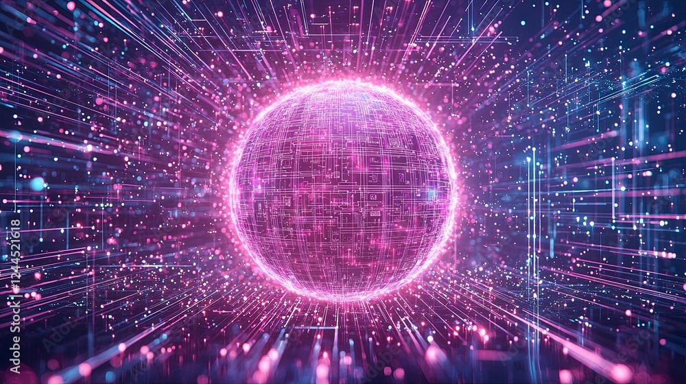 Poster vibrant digital sphere surrounded by glowing particles and intricate circuitry, representing technol
