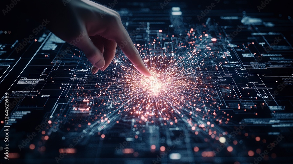 Poster a hand touches a glowing digital interface, creating a burst of light, symbolizing interaction with 