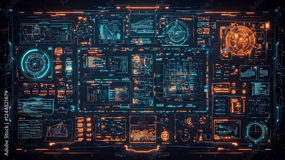 Poster futuristic control panel with glowing blue and orange data displays and graphs, showcasing advanced 