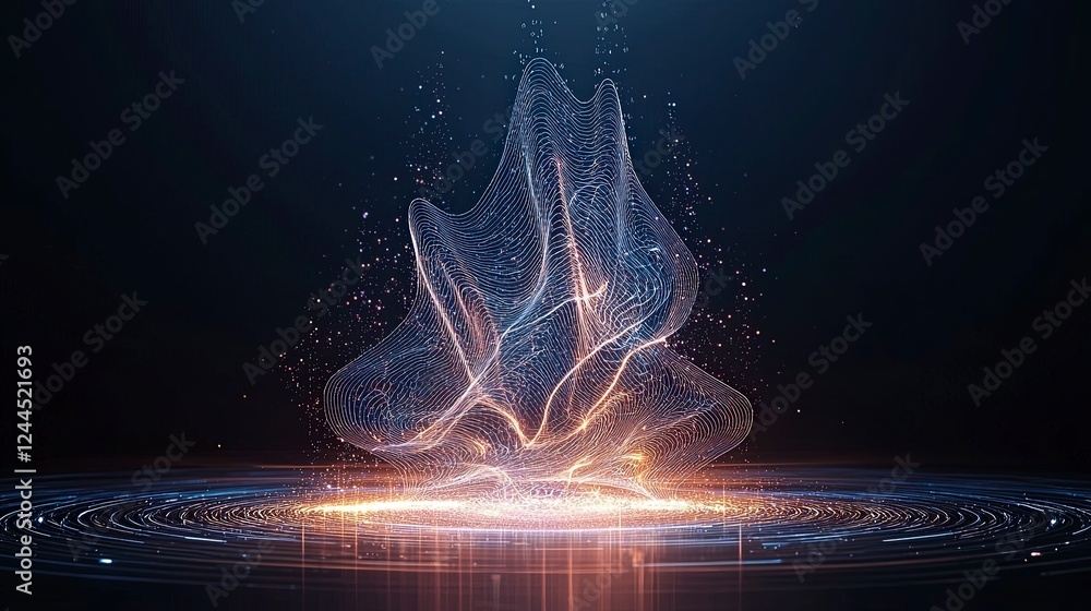 Poster abstract light particles form a dynamic flame-like shape against a dark background, creating a mesme