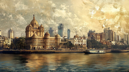 Obraz premium Vintage painting effect applied to a panoramic view of Mumbai skyline reflecting in Back Bay with Municipal Corporation Building, India