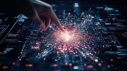 A hand touches a glowing digital interface, creating a burst of light, symbolizing interaction with technology and innovation.